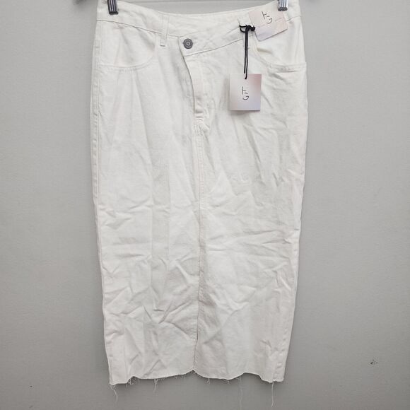 Happily Grey White Cotton Denim Jean Skirt Long Front Slit Raw Hem‎ Size 5/26 - Picture 1 of 8